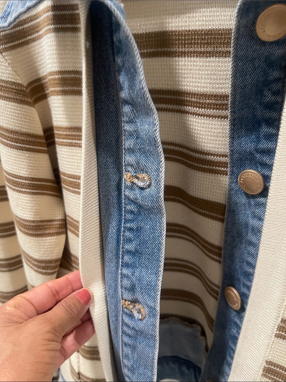 NWT Democracy ivory cream Striped Knit Jacket with Blue Denim Trim - Picture 6 of 14